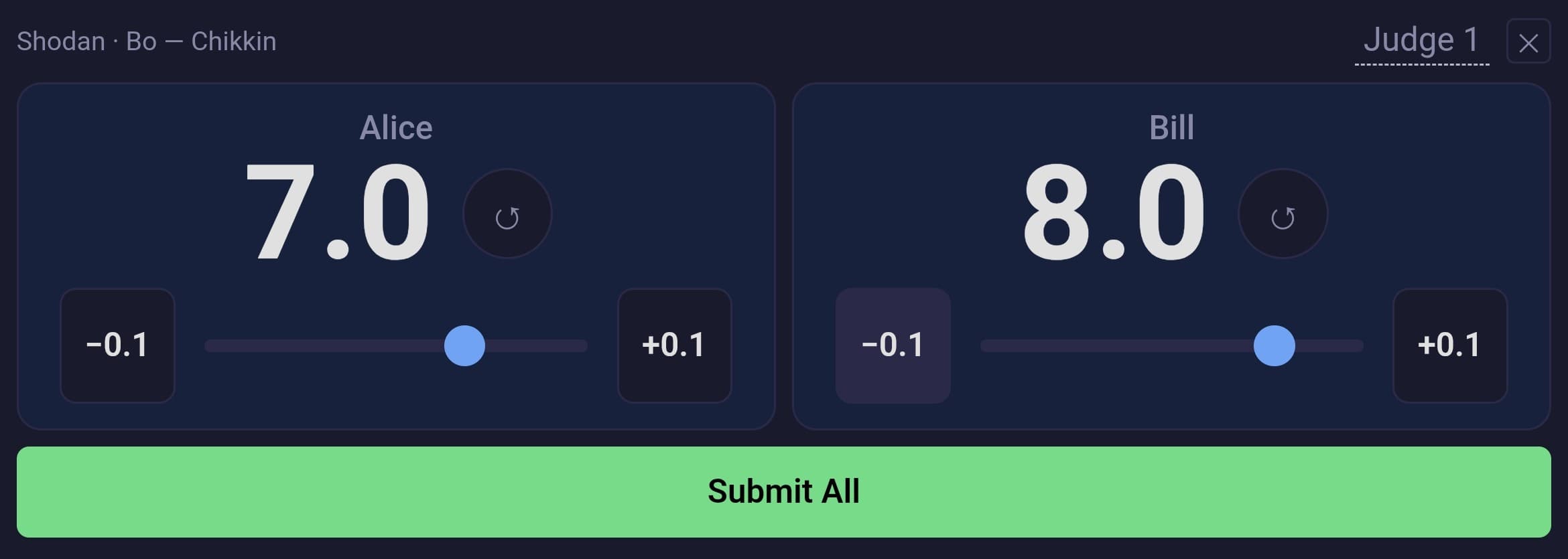 Judge scoring view showing two candidates with score controls
